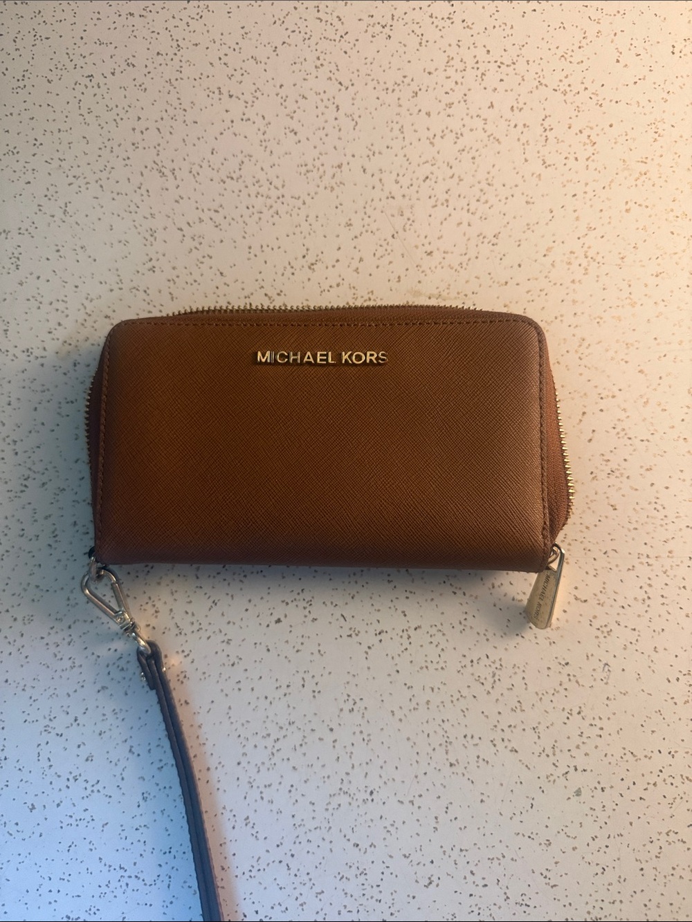 Michael Kors Cognac Leather Zip Wristlet with Gold Hardware